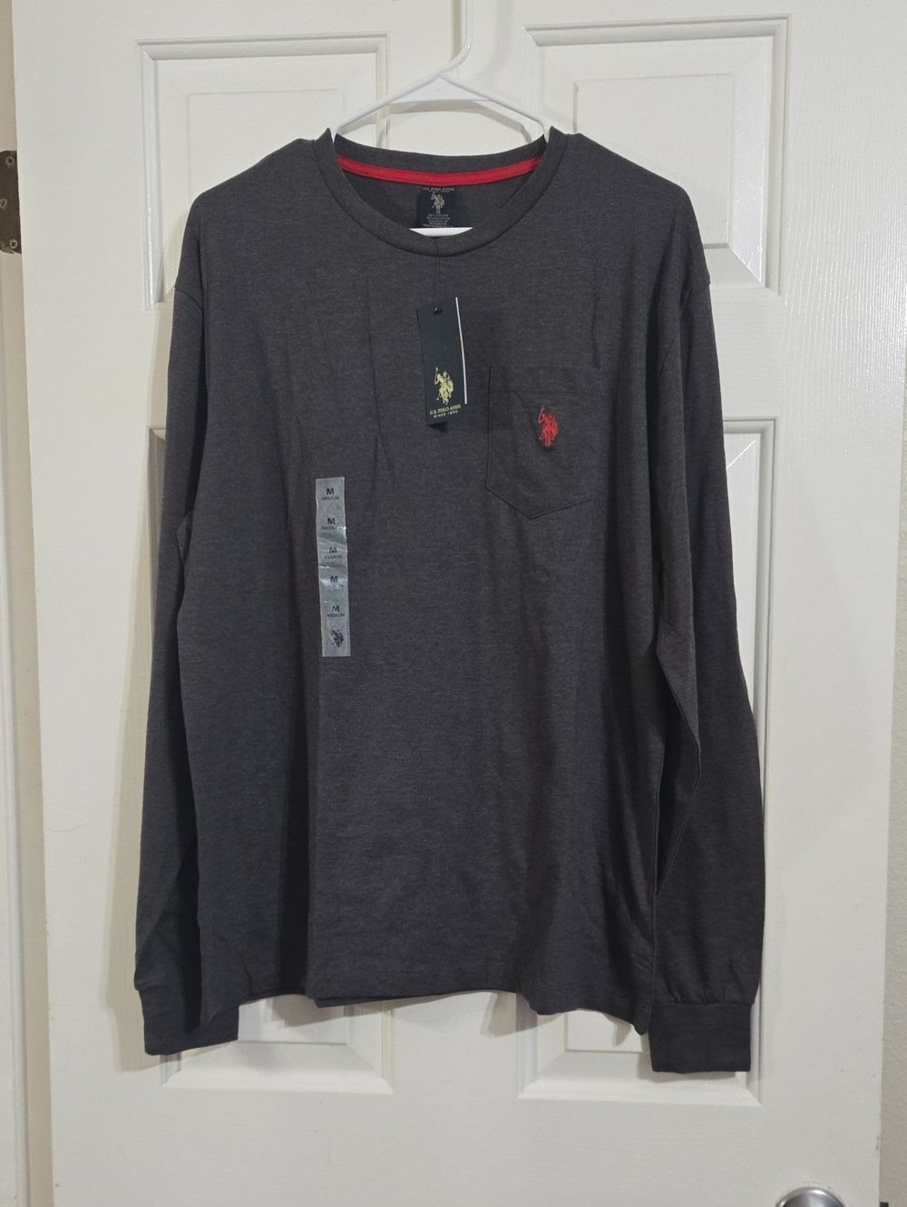 U.S. Polo Assn. Charcoal Long-Sleeve Pocket Tee with Red Emblem